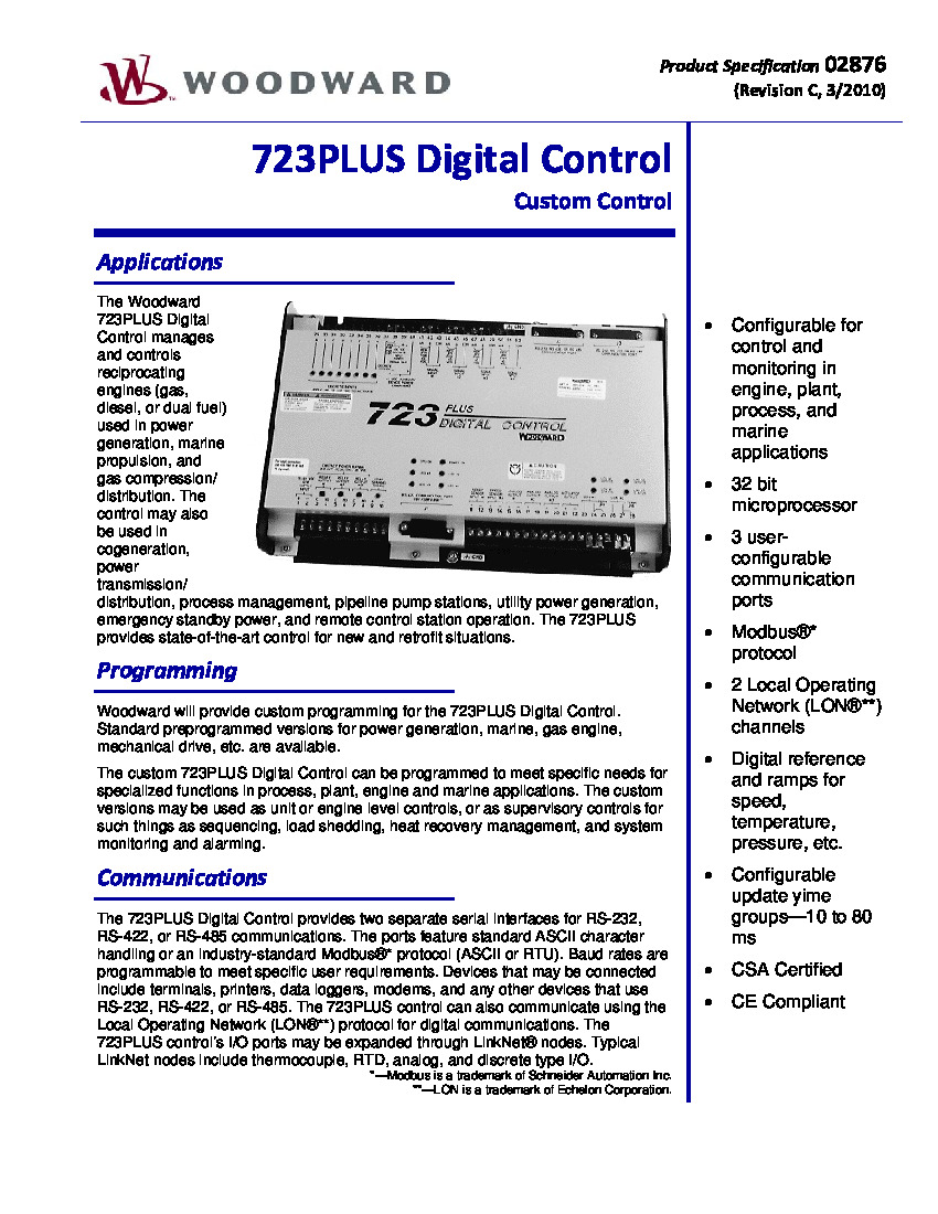 First Page Image of 8262-094 Woodward 723PLUS Digital Control Custom Control 02876.pdf